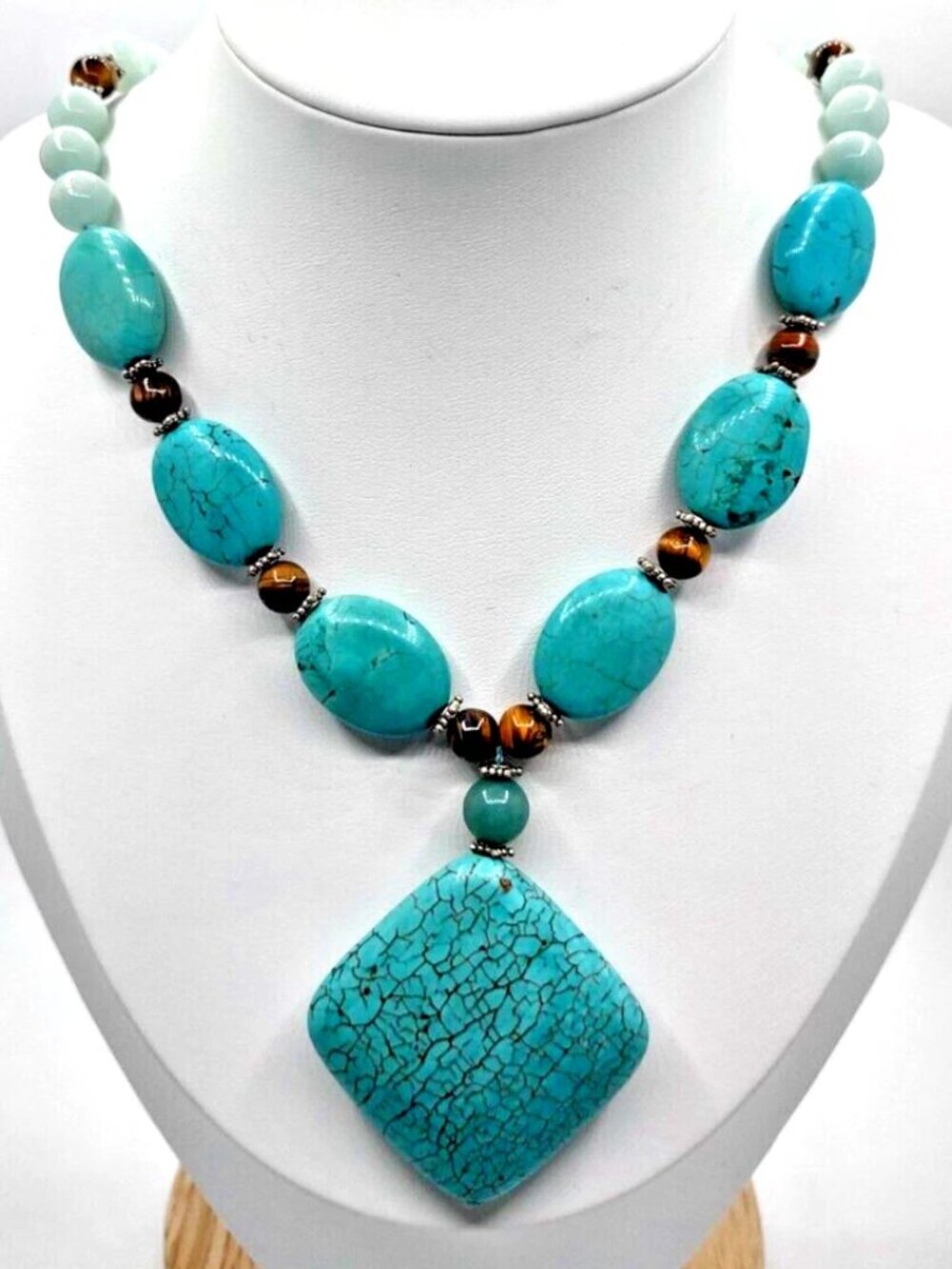 Aqua Stones Necklace W/Blue Seaglass + Tigers Eye Beads Vintage-1990's